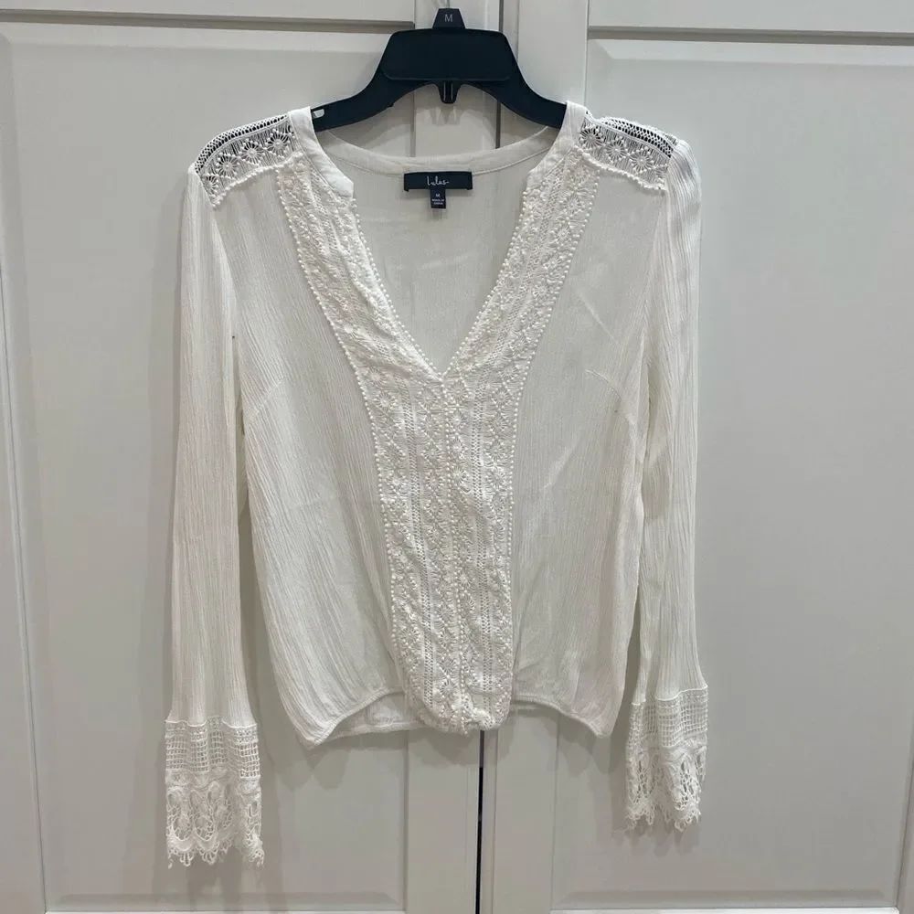 Lulu's White Fitted Embellished Blouse EUC